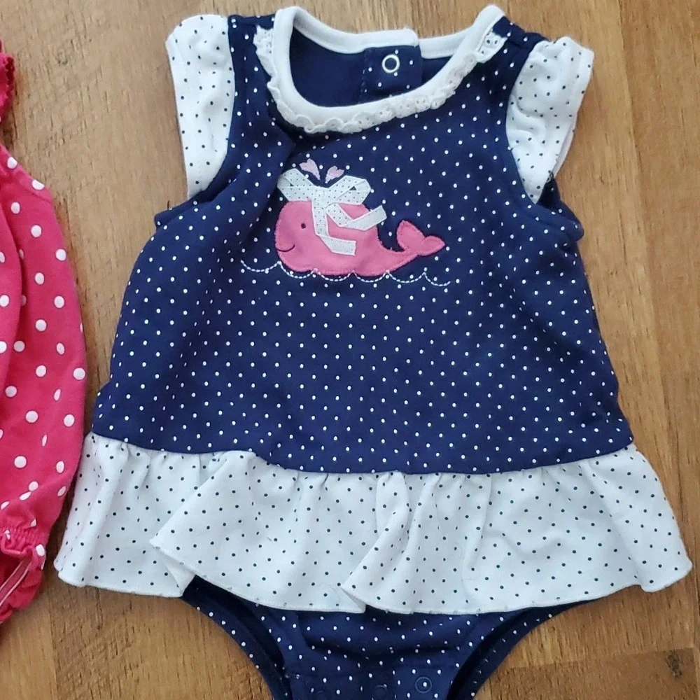 Carters Girl‎ Navy Whale Polka Dott Romper with Little Me Pink Ever After Romper